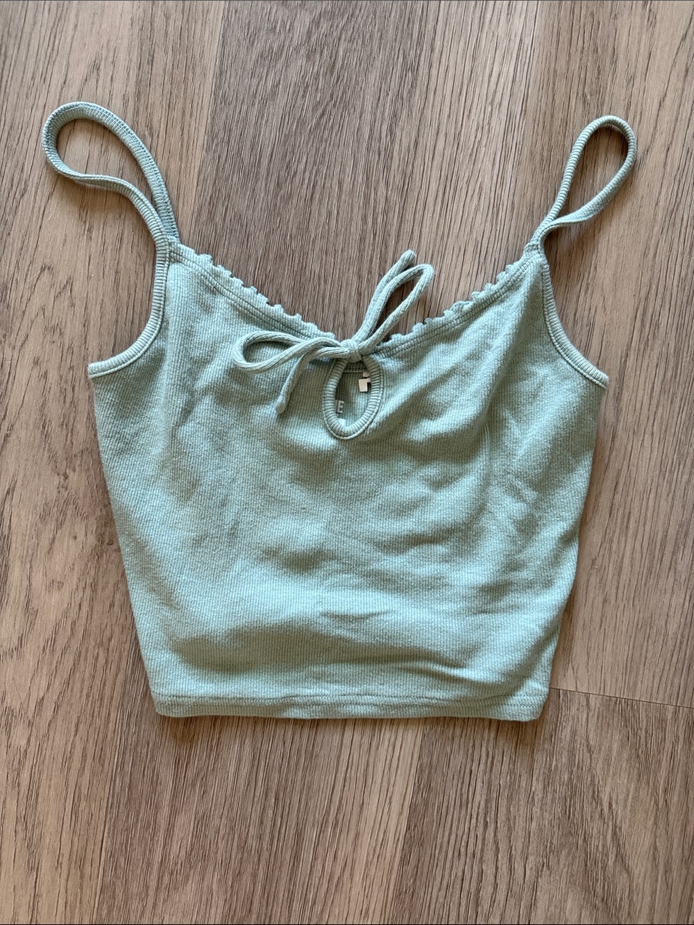 Me to We Sage Green Tie-Front Ribbed Crop Cami